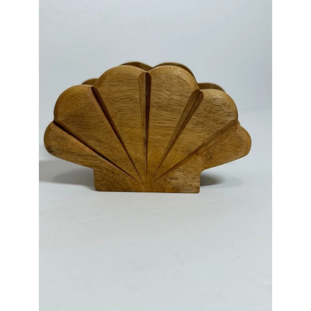 Vintage Myrtlewood Wooden Clamshell Napkin Holder Ocean Beach Nautical Seashell.